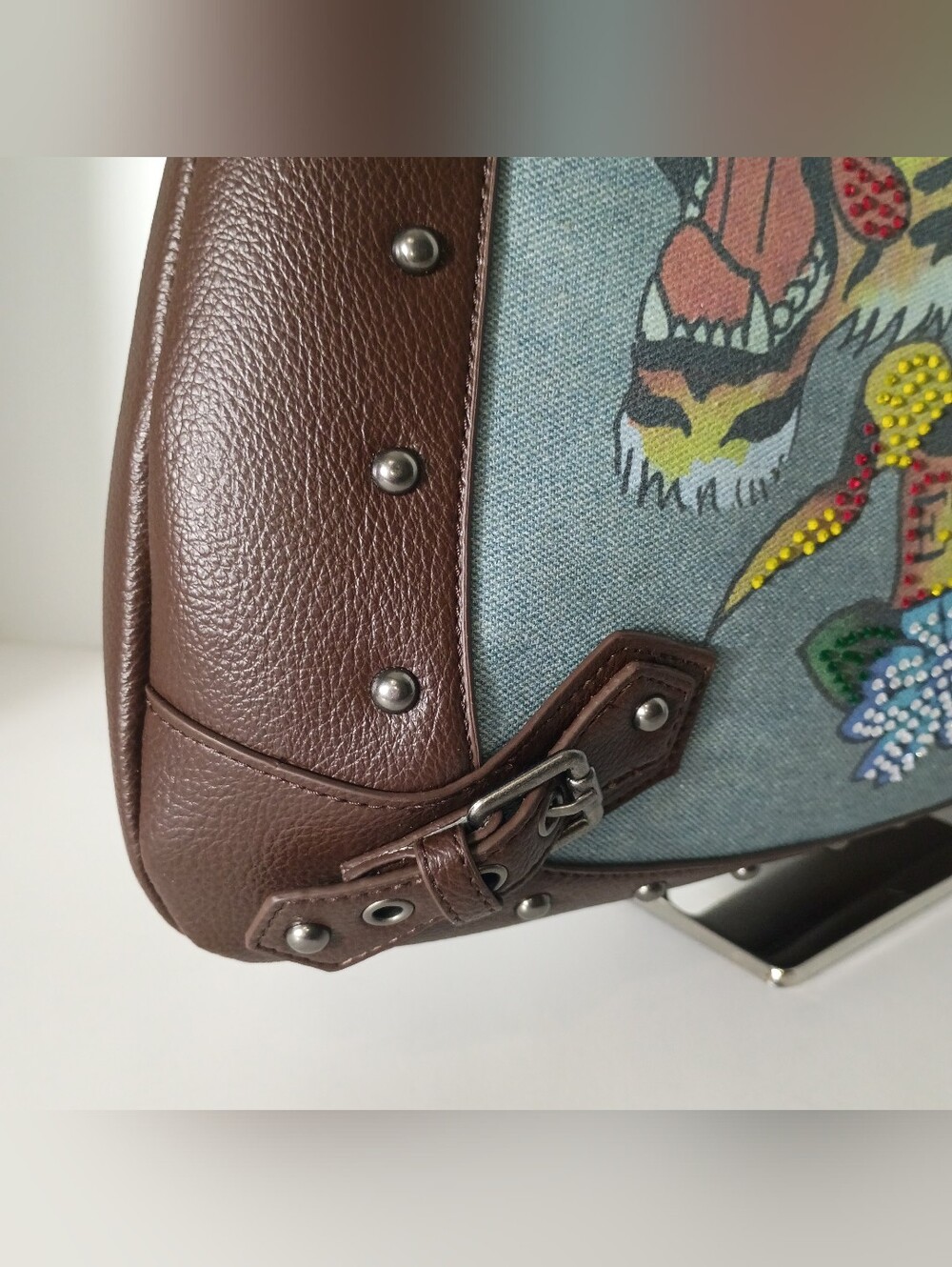 Ed Hardy Embellished Denim/Brown Vegan Leather Shoulder Hobo Bag w/Rhinestone - Picture 5 of 11